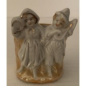 Vtg Dutch Boy Girl Playing Instruments Basket Planter Ceramic Figurine 3.75"